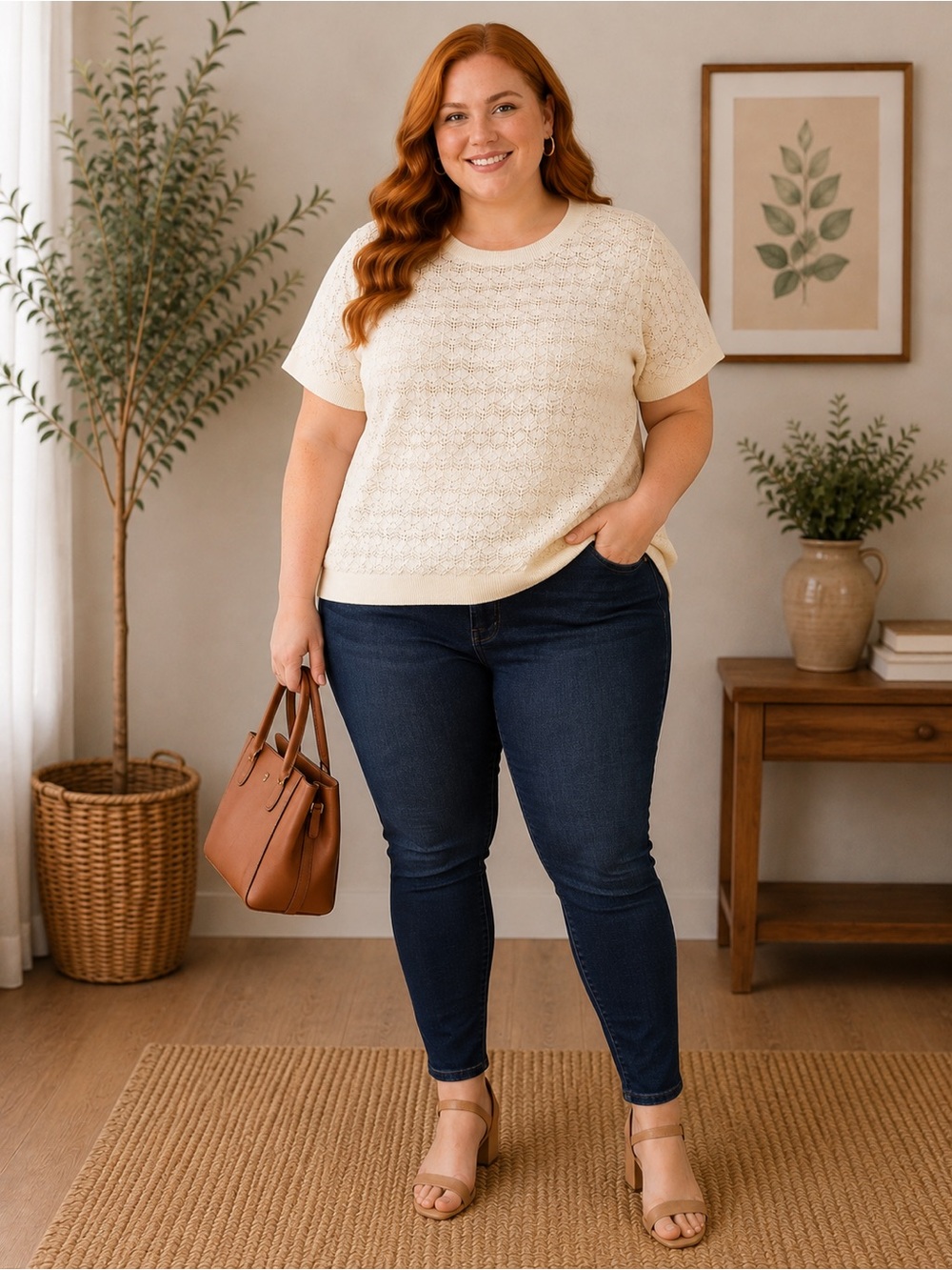 Cream Short-Sleeve Knit Top with Textured Stitch